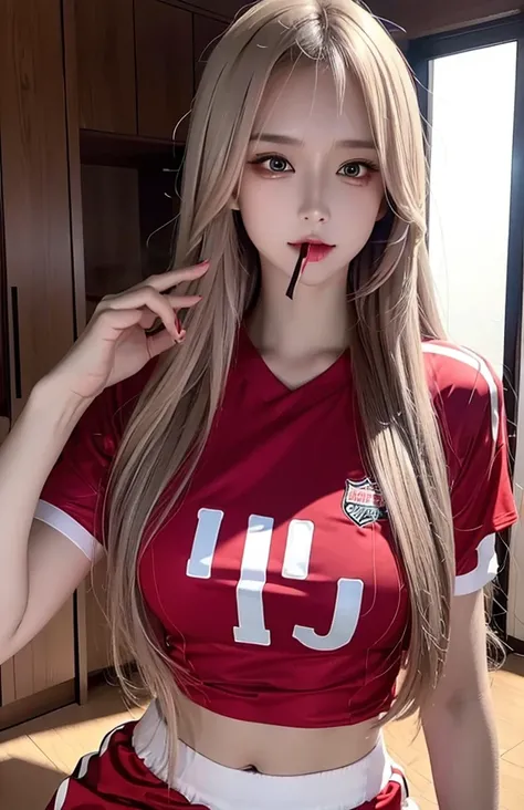 Woman with long hair straight, football jersey 80 in shirt, high detailed, realistic, ultra realistic, football skin t shirt and ((football short pant)), red shirt football skin shirt , ((red eyes)), ((smoking in mouth))