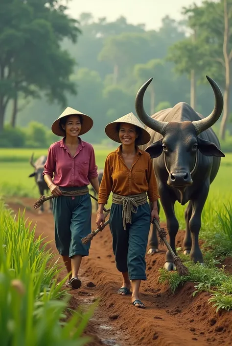 Female farmers plowing fields with Thai buffaloes