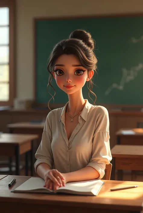 a beautiful female teacher teaching, detailed facial features, large expressive eyes, elegant hairstyle, flowing dress, serene expression, bright natural lighting, detailed classroom setting, chalkboard, wooden desks, large windows, warm color palette, sof...