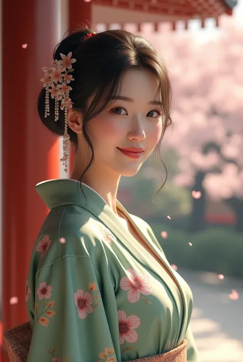 Morning in Japan、Looks just like Mari Takamiya、sexy、cool、Romantic、Moss green floral print kimono、silk、A diligent smile、From the ankle up、Beautiful smile、Ample breasts、Overflowing Chest、Busty、My nipples are erect、V-line chest、Realistic 、In 8K resolution、Tra...