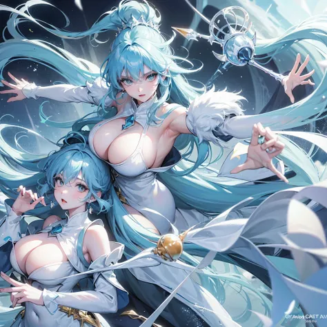 anime,Big-breasted, beautiful-figured adults,princess,Ice Magic,In the Ice Land,Long blue hair,White skin,Wearing white clothes,The only person in the picture,big tits
