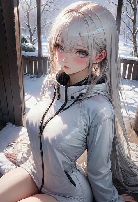 Long smooth straight white hair, white eyes,sitting in skimpy winter clothes, masterpiece, super detail, best quality, 8k,realistic