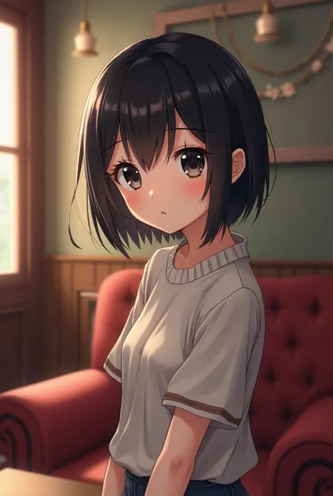 High resolution, masterpiece, Ruka Sarashina, short hair, black hair, (solo), 1girl, cute, interior, detailed eyes, (black eyes)