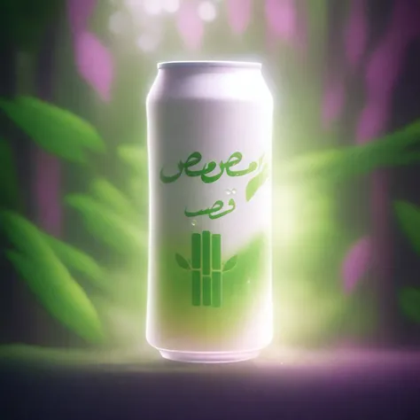 sugar cane juice green soda can with white logo placed on moss in a magical forest, realistic water droplets floating, sunlight filtering through the sugar cane trees, soft glow, , 8k