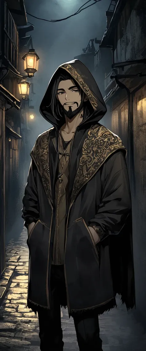 (((One person)))(((One person)))Anime Style。A black silk cape embroidered with gold patterns。Wearing round black sunglasses。An empty alley in the fog。A skinny young man with a thin face and beard is standing with his hands in his pockets。smile。Shaggy black...