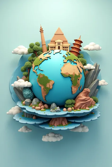 3D model  template that represents the word " Nature Appreciation" with the earth in its center and wonders of the world on the rest 