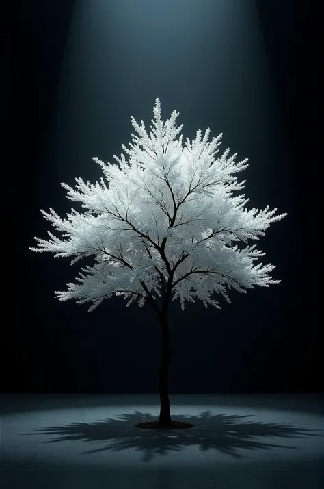 A white colored cherry blossom tree in a full black room and floor also black and dark in full darkness in the centre
