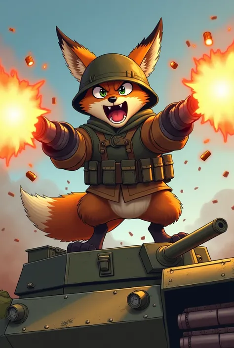 Animated fox standing on a war tank. He has a war helmet. In his hand he holds a gatling gun that is firing. He screams.