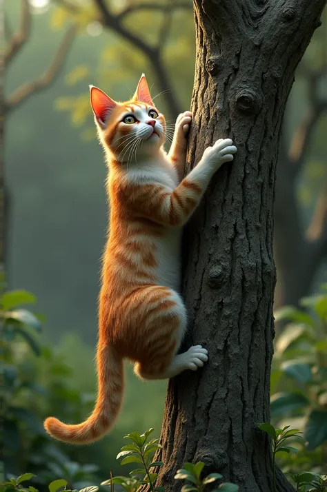 Real cat climbing tree