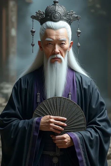 An ancient Chinese man with pale skin, eyes shaped like a birds eye, a beautiful nose, thin lips, long white hair, silver headdress, wearing a black and purple ancient Han Dynasty Chinese costume, holding an iron fan in his hand.