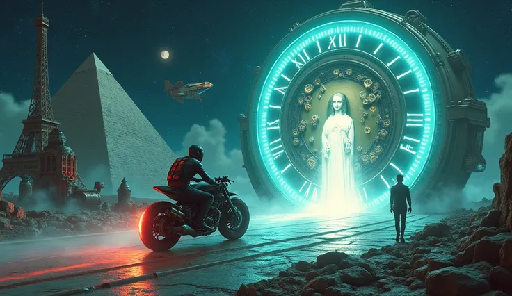 A man on a motorcycle rides along the road that is in a celestial constellation to pass through a door that opens onto our world. Il y a aussi des mécanismes et horlogerie,et devant la porte une pyramide, la tour Eiffel et la Joconde qui indique la directi...