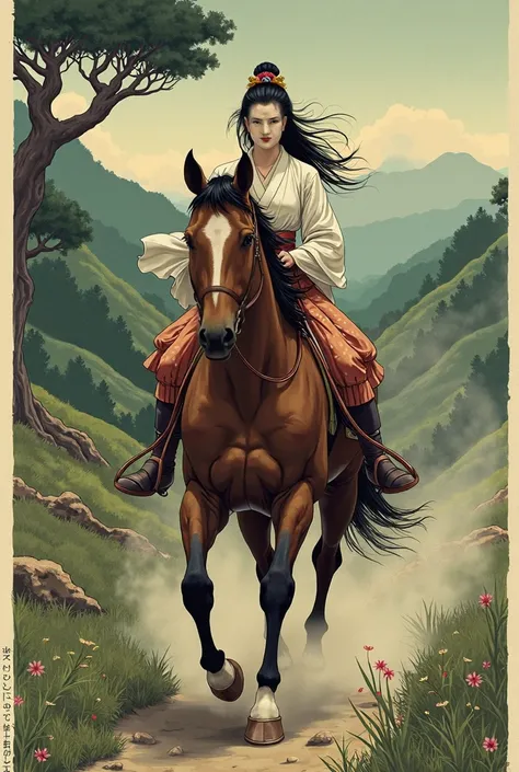 a woman riding on the back of a brown horse, tumblr, sōsaku hanga, screenshot from the 1983 film, menacing!!!, pretty face!!, shibari, feudal japanese setting, 1 st winner, fujita goro!