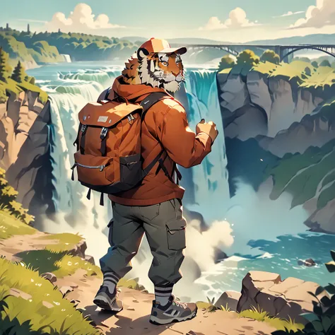 masterpiece, best quality, very aesthetic, absurdres, BREAK super fine illustration, sharp focus, crisp quality, BREAK [face:full body:10], looking away, from above, american country, backpacker, plump middle-aged tiger man, fluffy body, tail, brown eyes, ...