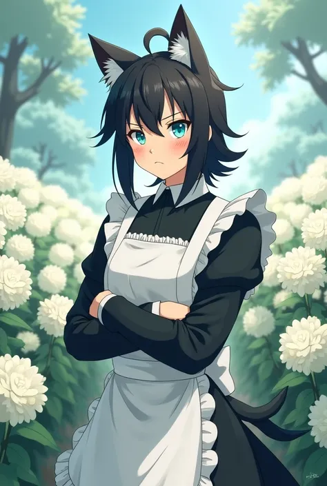 male, , black hair, mullet hair style, light blue eyes, cat ears, cat tail, wearing a maid outfit, in a white chrysanthemum garden, arms crossed, blushing, stubborn, style art ghibili.