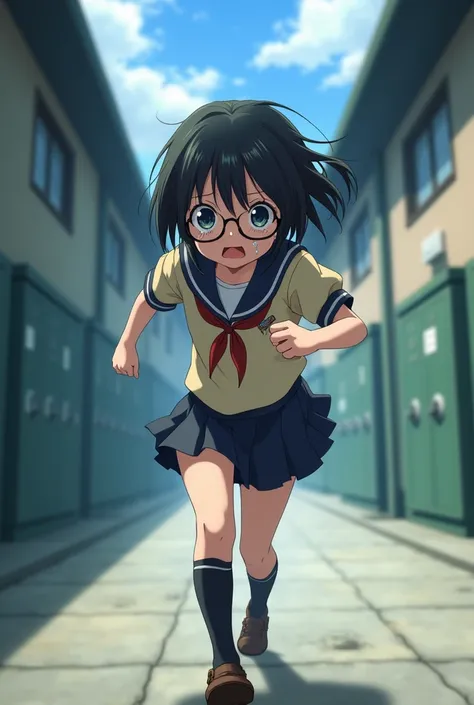 Short-haired girl with glasses crying in Japanese school uniform, running, Japanese anime