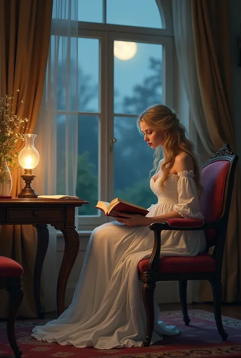 Night with a living room with a window and a wooden table and an antique oil lamp on the table and five chairs around the table and a beautiful blonde girl in a long white dress from the nineteenth century sitting on a chair reading a book 