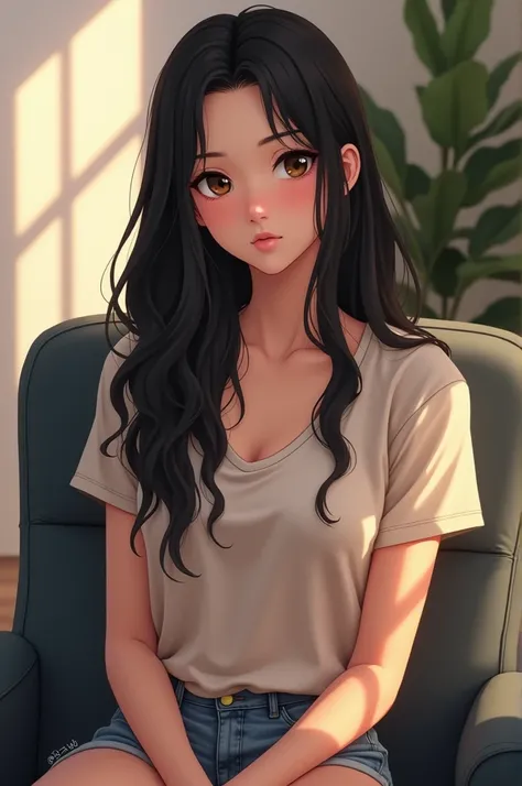 An Indian girl whos 19 in her age.  Skin color wheatish , black eyes , long black straight hair, her face is in golden ratio. In casual outfits seating on chair. Make realistic anime illustration in ultra hd.