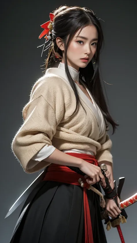 High resolution, Ultra high definition, high quality, masterpiece, woman、samurai、Holding a Japanese sword、Ronin&#39;s Kimono、Center Parting、Large Breasts, Dynamic poses during battle、His face is covered in mud and blood、Battlefields of Japan、Cloudy、クールなwom...