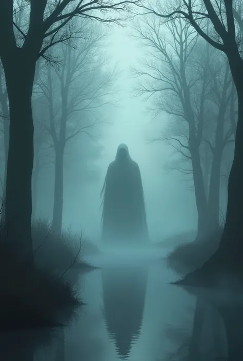 The atmosphere is eerie, with a faint mist rising from the water. In the distance, the outline of a large, ghostly figure is barely visible, standing between the trees, watching."