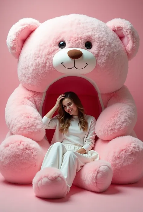 a woman sitting inside a large stuffed animal, likely a teddy bear, with its mouth open. She appears to be enjoying the experience, as she is smiling and posing for the picture. The teddy bear is quite large, occupying most of the frame, and has pink and w...