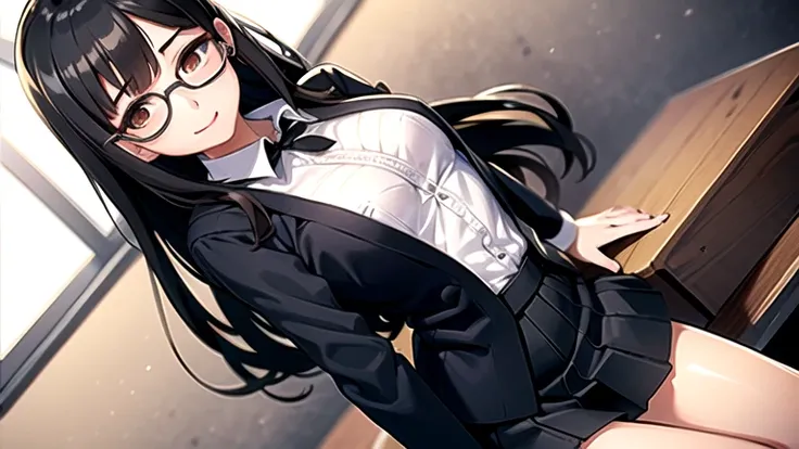 Highest image quality, outstanding details, ultra-high resolution, the best illustration, favor details, highly condensed 1girl, with a delicate and beautiful face wearing black glasses, dressed in a tight white button up with a tight short black cardigan ...