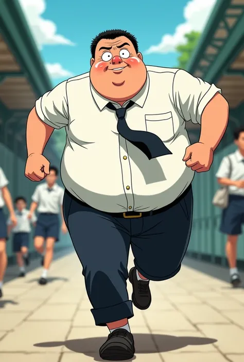 Fat man in school uniform running Japanese anime