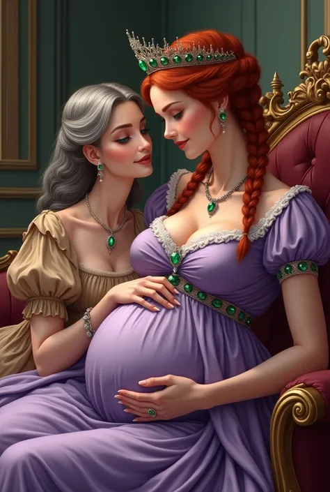 Redhead queen, breasts, big breasts, earrings, blue eyes, hair braids, Hair ornament, Emerald tiara , simple lilac victorian dress ,sitting , royal bedchamber , pregnant ,talking , woman with gray hair , short, beige neckline dress ,small breasts, talking ...