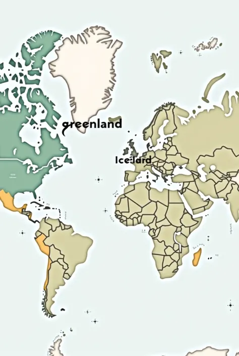 A world map showing Greenland and Iceland highlighted with arrows pointing to each country."