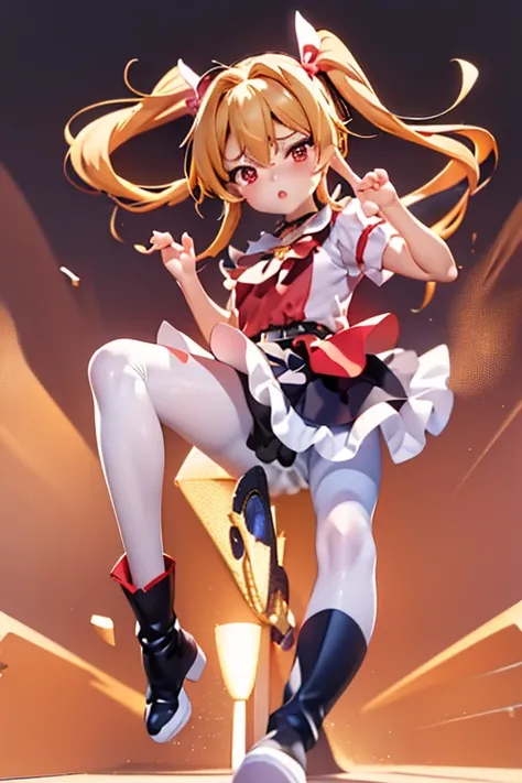 masutepiece, Best Quality, 1girl in, (cha-cha),a blond, (red eyes:1.2),((Hands up))、((a miniskirt))、((embarassed expression))、((white backgrounid))、((Spread your legs apart))、((Black pantyhose))、((length hair))、((boots))