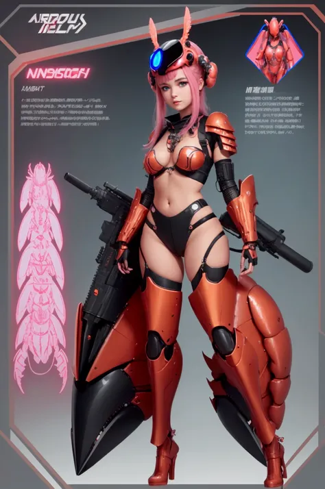 A beautiful & attractive very young girl wearing a cyberpunk armory designed like a lobster, wearing a cyberpunk designed lobster helmet, with gaint illuminating wings, with lobsters claws & tails, full body viewing details, camel toe, sapphire hair, with ...