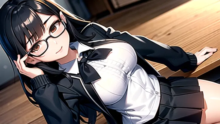 Highest image quality, outstanding details, ultra-high resolution, the best illustration, favor details, highly condensed 1girl, with a delicate and beautiful face wearing black glasses, dressed in a tight white button up with a tight short black cardigan ...