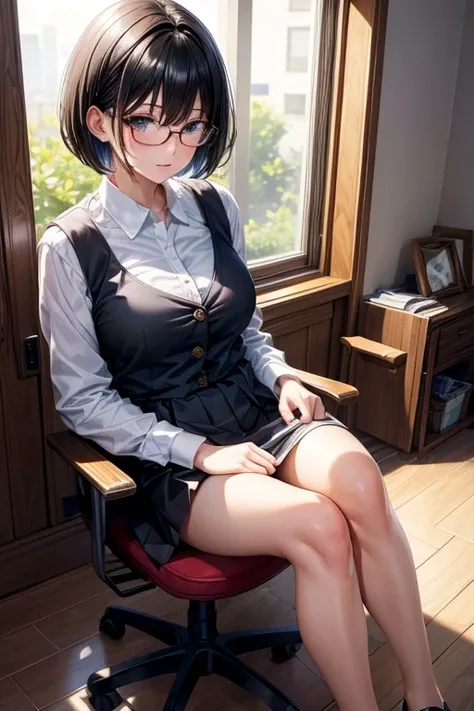 High resolution, masterpiece, girl、Black Hair、Short Hair、Glasses、