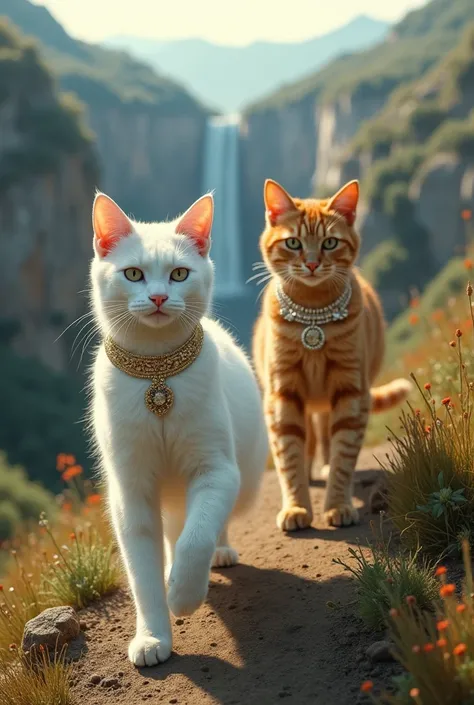 Two cat jo beautiful or sexy h or attractive dress pehni or attractive lag rhi h ek hill par ja rhe h seen ek hill ka h white cat ginger cat ko hill se khayi me  dhakka dete huye seen ek badi hill h or ek gehri khayi h 