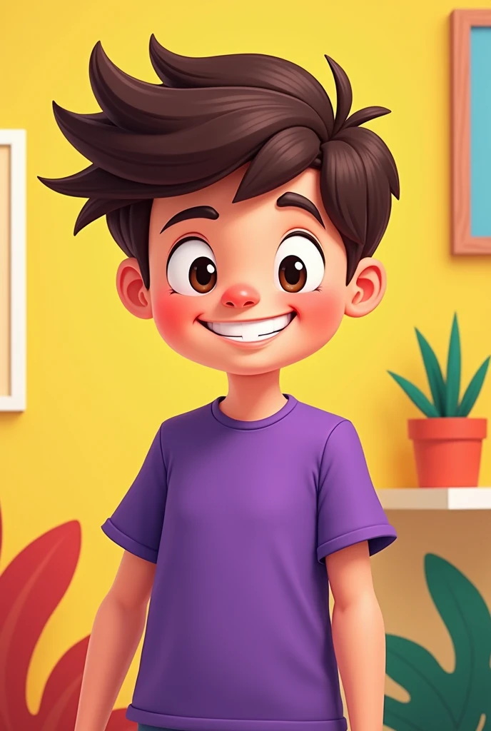 A cartoonistic boy with purple tshirt 