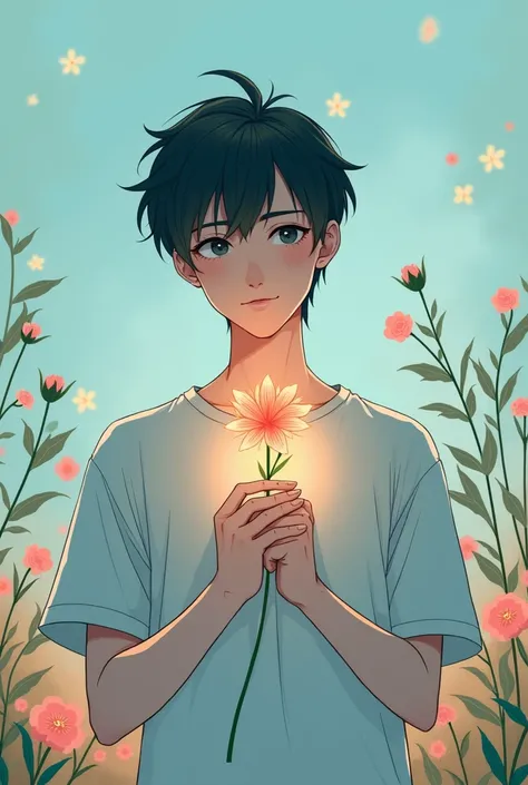 guy holding a flower hes hiding that anime