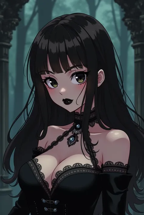 Anime girl with long dark brown hair and straight bangs, black eyes, black painted lips, medium breasts, It&#39;s gothic from the 80s