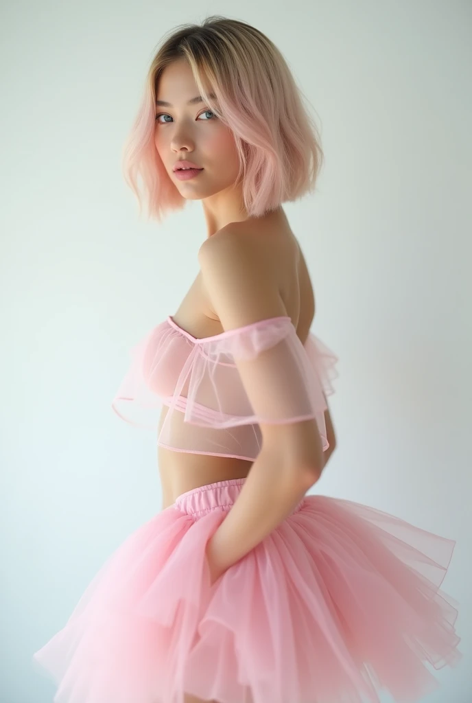 photorealistic,Very detailed, Very realistic, Hyperrealism, Ultra-realistic, Best Quality,(masterpiece,Soft lighting, Stylish eyes with attention to detail: 1.2),Rear view,Staring at me, (cute),Sleeveless,Sheer off-the-shoulder pink tutu,Fashion studio whi...