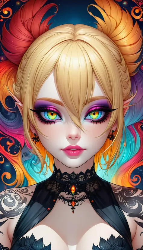 a drawing of a woman with tattoos on her arms, a digital painting, inspired by rossdraws, trending on cg society, gothic art, wearing intricate black choker, blonde hair and large eyes, lori earley, character art closeup, vivid colors