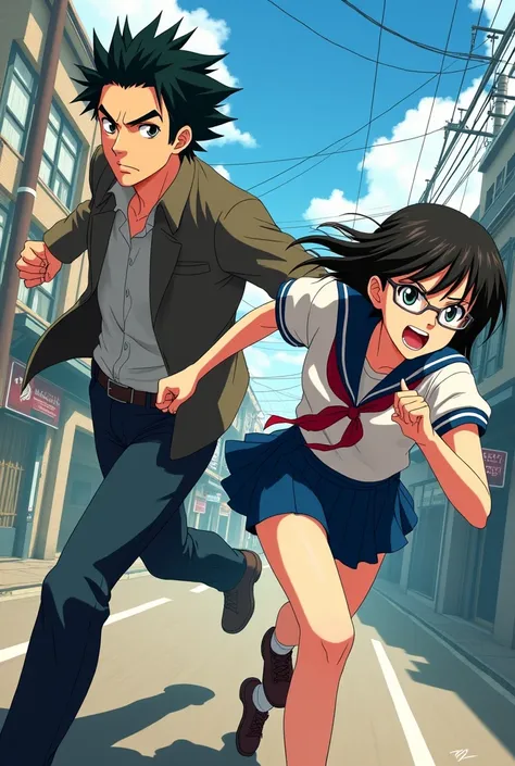 A man running after a woman with short hair, glasses, and a school uniform, Japanese anime