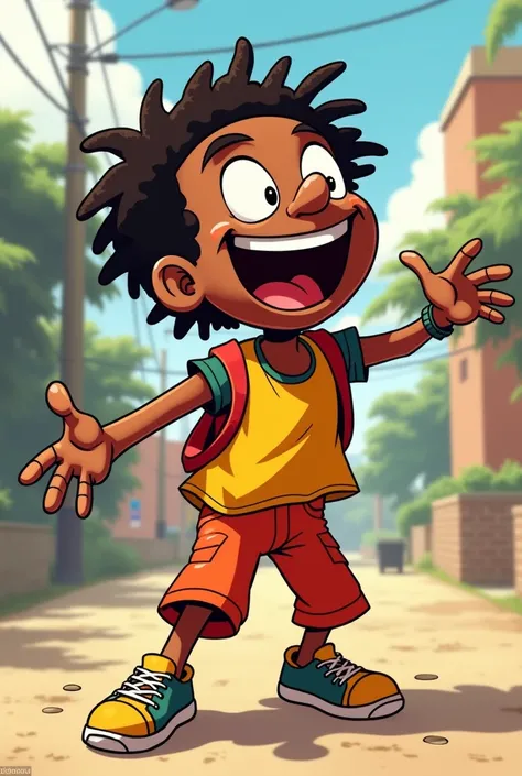 A hilarious black Africa man with exaggerated features characteristic of cartoon-style artwork, who is very amazed.  They have round, expressive large eyes and a wide, infectious grin. They have exaggerated body parts, like oversized hands and feet. They a...