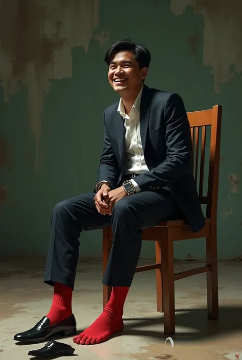 Zarul,21 yo malay,formal oufit,on a woodenchair, in abondon warehouse,shoesless,wearing smelly Red sock ,black loafers shoes remove beside the chair,laugh hardly,hand handcuff,a feather touch his feet