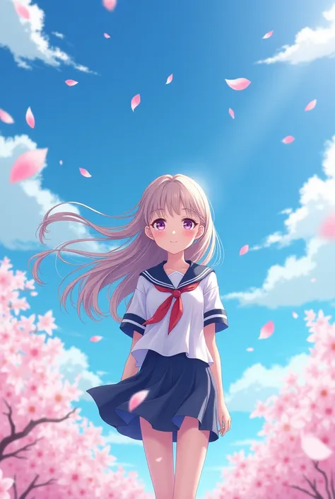 teenage girl, sailor uniform, long flowing hair, standing in sunlight, cherry blossom petals falling, soft smile, calm expression, blue sky, white clouds, gentle breeze, detailed background, vibrant colors, anime style, medium shot