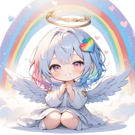 chibi,one woman,smile,angel halo,wings on the back,rainbow hair,heart pose,very heartwarming,soft impression,masterpiece,best qu...