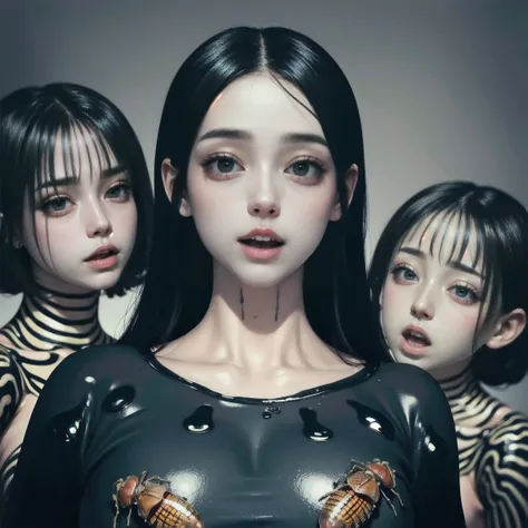 (Junji Ito Style、Three pretty ladies）、photograph、8K、Live-action、(Goa、Lots of cockroaches and larvae、Gloss：1.4)、Wet、(Anguished expression、Dripping liquid:1.3)、Bloods、Organs、rupture、body fluid、Scream、Super detailed、