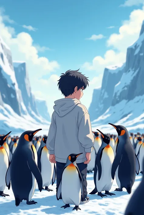 Anime man with slightly curly black hair, black eyes, surrounded by penguins at the north pole