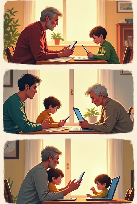 Create an image with 5 timeline. First timeline a father writing a letter to a kid in other side showing that they are away. 2nd timeline a father grew a bit and the kid becomes a teen and they were talking through telephone but they are still away from ea...