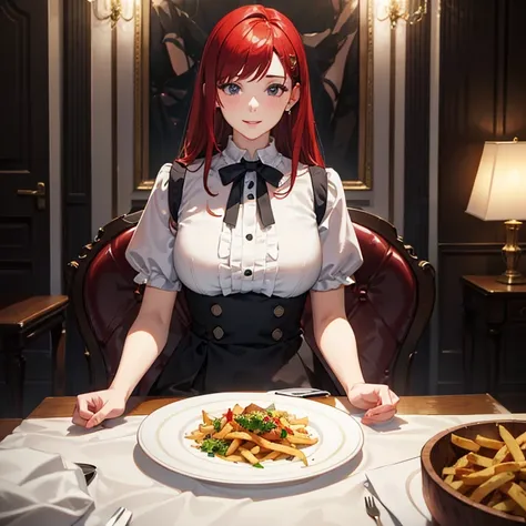 a girl sitting at a table, plate full of french fries, redhead girl, black eyes, stylish white dress, modesty, classical style, blue details, happy expression, interior of a house, (best quality,4k,8k,highres,masterpiece:1.2),ultra-detailed,(realistic,phot...