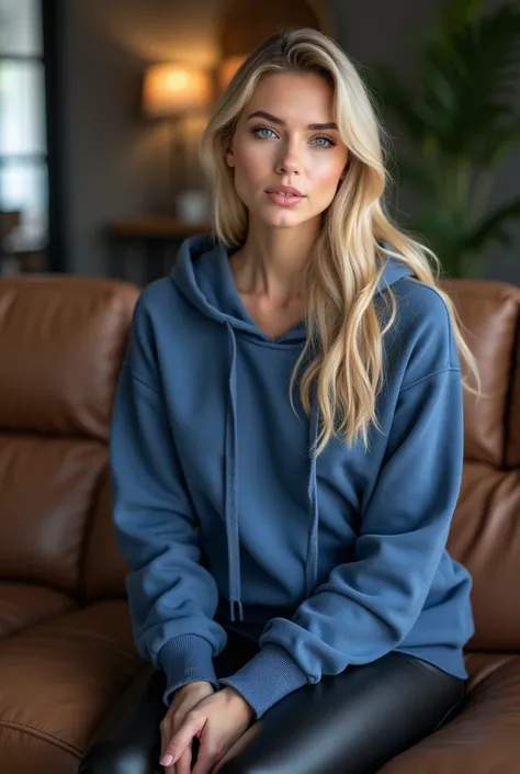 Femme assise dans son salon, salon moderne, décoration, canapé en cuire, elle porte un sweat bleu a capuche et un jeans en cuir noir sexy, naturelle, sensuelle, femme blonde, pas de maquillage, naturel, sans maquillages 