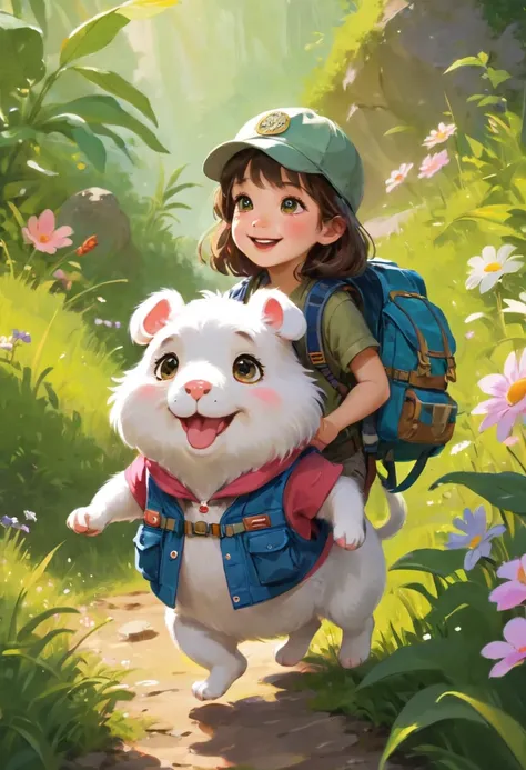 best quality,Super detailed,actual,dog explorer,Wear outdoor adventure clothing,Wearing an adventure hat,Carrying an adventure backpack，(white soft fur:1.1),(eyes are bright:1.1),(big pink ears:1.1),(Curious expression:1.1),adventurous hamster,Exploring th...