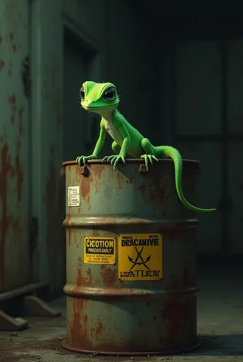 A small lizard sitting on the dangerous chemical container 